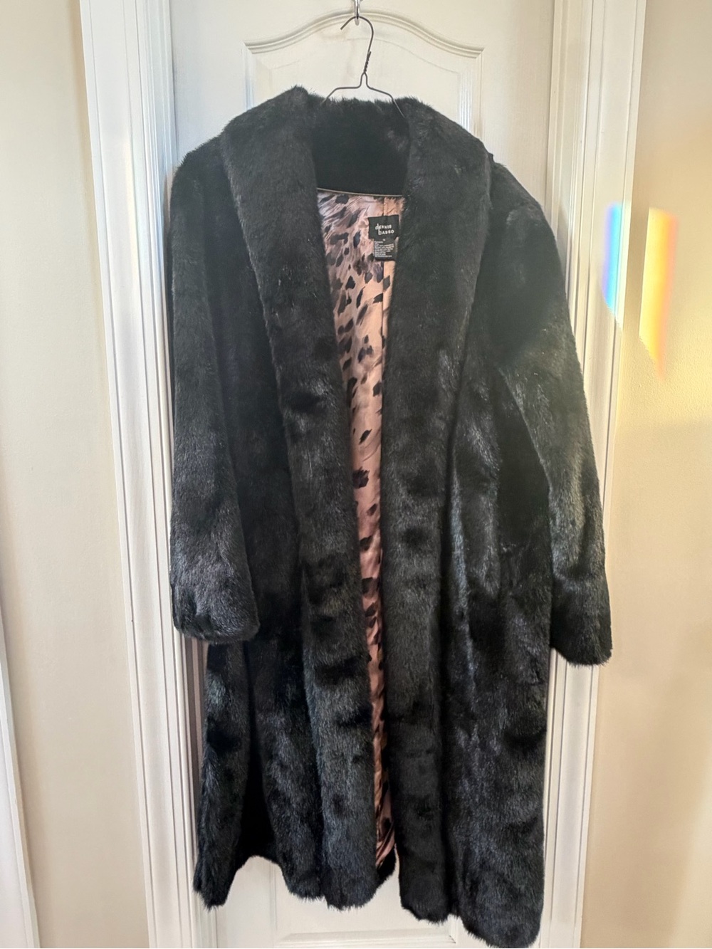 dennis basso Black Faux Fur Coat with Leopard Satin Lining